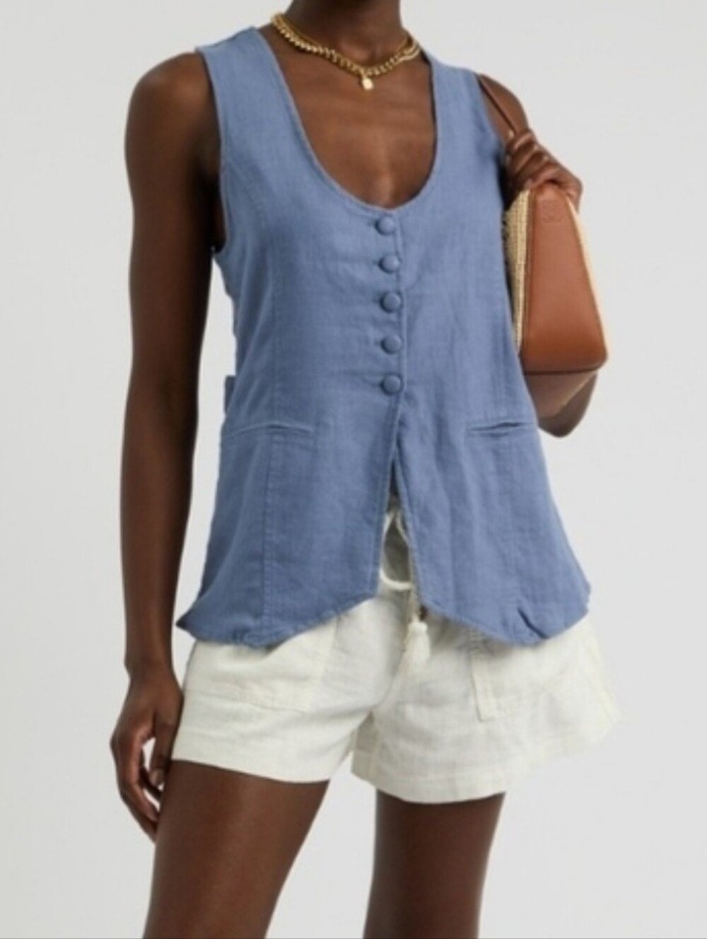 Free People Millie Sleeveless Denim Gray Linen Blend Button Front Shirt Vest - Picture 8 of 8